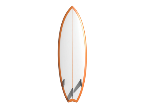 Aerial view of a surfboard against a black backdrop, shadow, orange outline