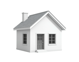 A small, white house with a gray roof, windows, and door on a transparent background