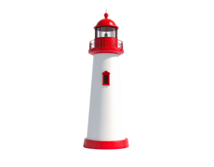 Tall, white, cylindrical structure with red top, lantern, trim, and a small window