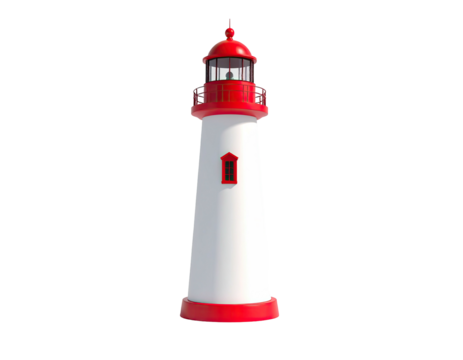 Tall, white, cylindrical structure with red top, lantern, trim, and a small window