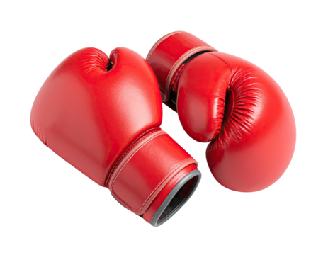 Two red boxing gloves, leather, close-up, isolated, on a transparent background