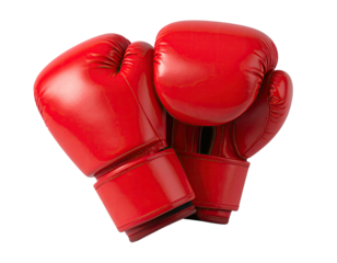 Two vibrant red boxing gloves, overlapping, isolated on black background