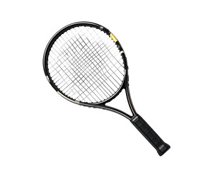 A detailed, top-down view of a tennis racket against a stark black background