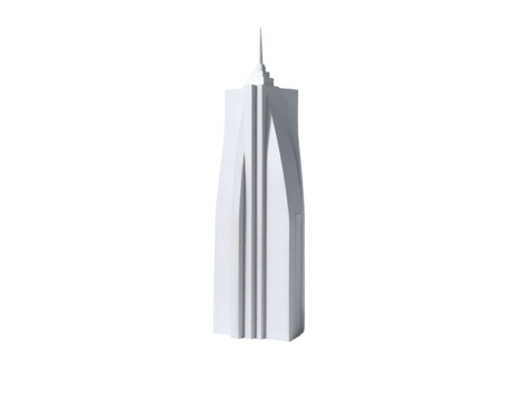 Rendered white highrise with sharp angles against a black background - Powered by Adobe