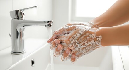 Person washing hands with soap and water under a chrome faucet in a white ceramic sink, creating suds and foam, promoting hygiene and cleanliness.