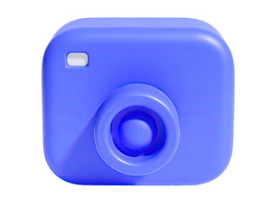 A rounded, blue 3D camera icon with a lens and flash on a black backdrop