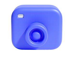 A rounded, blue 3D camera icon with a lens and flash on a black backdrop