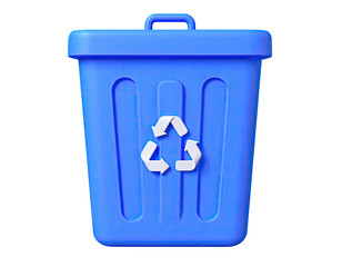 A 3D-rendered, blue trash can with a white recycling symbol on it
