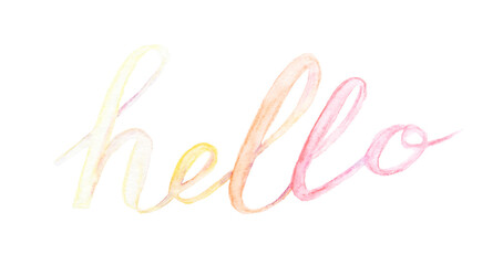 Colorful watercolor hello text in pastel shades on white background.