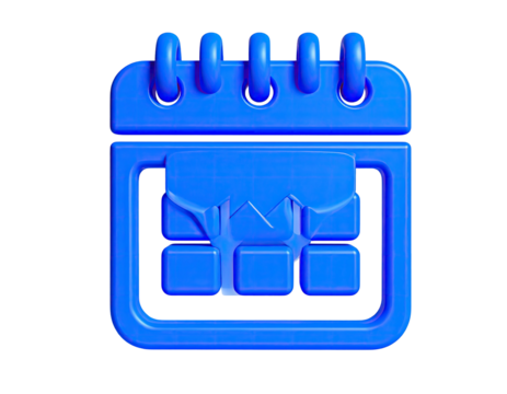 Blue, 3D-rendered calendar icon with ripped page on a black background