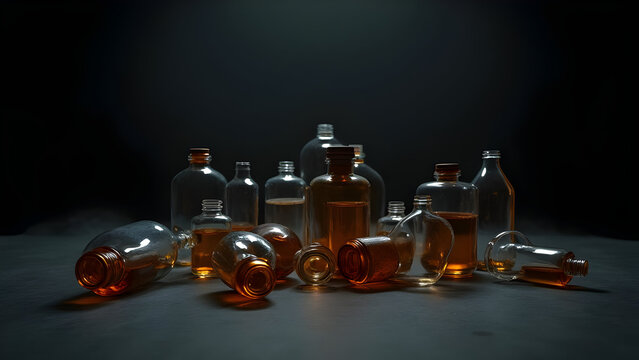 Symbol of alcoholism with empty bottles scattered around.