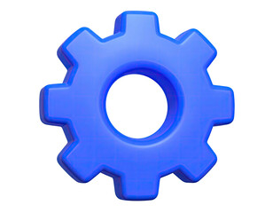 A 3D render of a blue cogwheel isolated on a stark black background