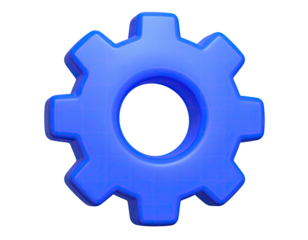 A 3D render of a blue cogwheel isolated on a stark black background