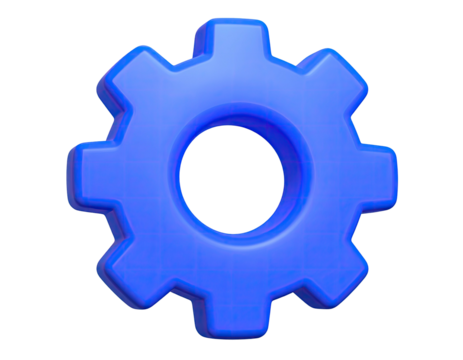 A 3D render of a blue cogwheel isolated on a stark black background