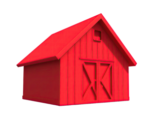 Red rural barn with a gabled roof and large doors on a black background