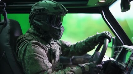Focused driver in protective armored vehicle grips steering wheel side mirror glance revealing situational awareness green screen environment.