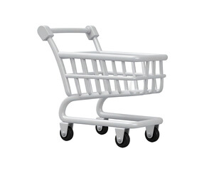 A glossy, white, 3D rendering of an empty shopping cart on a black backdrop