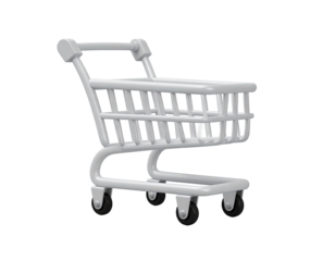 A glossy, white, 3D rendering of an empty shopping cart on a black backdrop