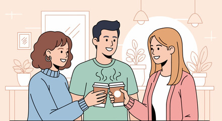 Obraz premium Cheerful Friends Toasting Coffee Cups in a Cozy Cafe, Perfect for Illustrating Social Gatherings, Friendship, and Coffee Culture in Promotional Materials