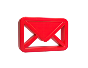 A 3D rendering of a red envelope icon against a stark black background