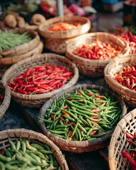 Fototapeta premium Vibrant Fresh Chili Peppers in Baskets at Local Market Produce Stall