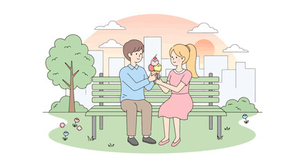 Sweet summer moment a young couple sharing ice cream on a park bench illustration, ideal for showcasing love, dating, and summertime promotional content.