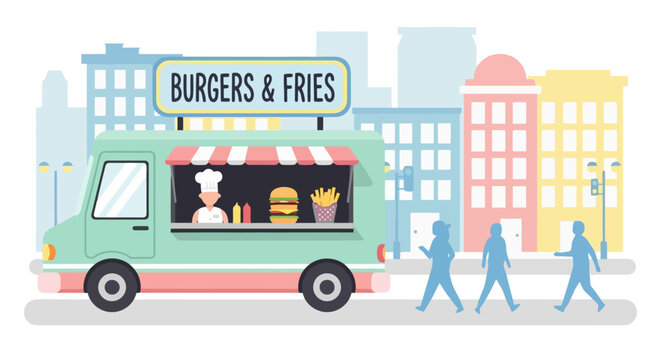 Charming Illustration of a Burgers and Fries Food Truck Set Against a Cityscape Backdrop, Ideal for Promoting Culinary Events and Food-Related Advertisements.