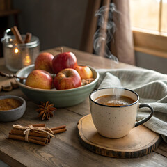 A cozy, warm-toned scene of hot apple cider steaming next to a bowl of caramel apples and cinnamon sticks on a wooden table.