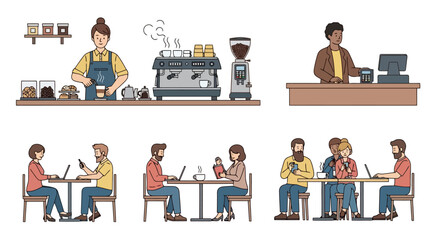 Coffee Shop Scene with Barista, Cashier, and Customers in a Relaxing Environment. Ideal for illustrating cafe culture, small business operations, and community gatherings.
