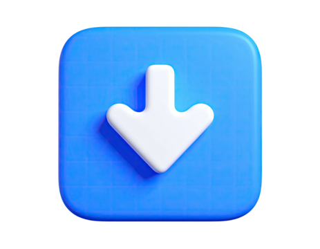 A 3D rendered icon of a white downward arrow inside a blue square