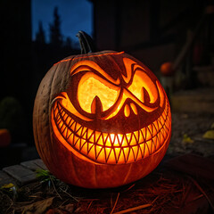 A macro photo of an intricate jack-o'-lantern carving with a terrifying grin, glowing brightly in the dark, extreme detail.