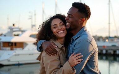 Farewell concept. Delighted happy smiling African American woman says goodbye to boyfriend who sails for long time, gives warm hug, pose together against harbour background. Truthful feelings