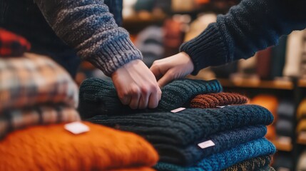 Hands selecting warm knitwear from a neatly stacked display in a retail store