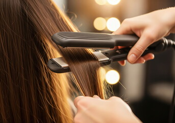 Hair Transformation: Capturing the art of hairstyling, this image highlights the meticulous process of straightening hair, revealing smooth, sleek strands.