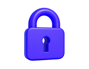 3D-rendered, glossy, bright blue padlock against a black background
