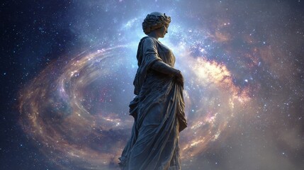 Obraz premium Goddess of Heaven stands amidst the galaxy and cosmic light. Divine purple fantasy art.