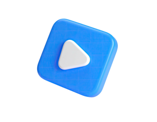 3D rendered blue square with white play button icon, set against black