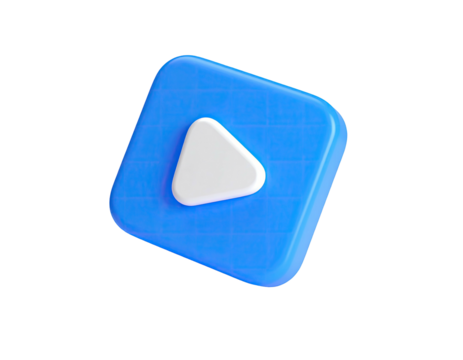 3D rendered blue square with white play button icon, set against black