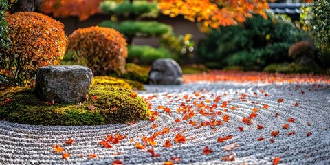 Serene Zen garden in autumn with raked gravel, moss, stones and fallen leaves