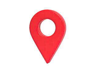 Shiny, red, 3D location pin floating against a stark black background