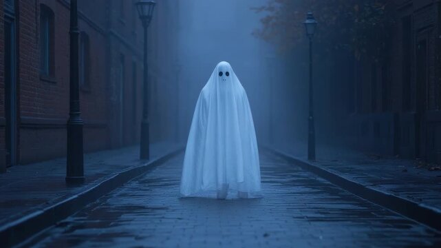 Haunting Figure in White Sheet Stands Alone in Foggy Ghostly Alley at Night with Streetlights Illuminating the Darkness 4k video footage