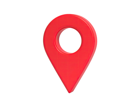 Shiny, red, 3D location pin floating against a stark black background