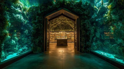 Entrance of stone hall reveals a library, with green glowing walls, showcasing books, and could be used for art