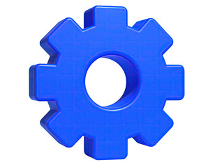 A vibrant 3D blue gear graphic on a transparent background, with grid lines