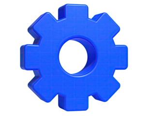A vibrant 3D blue gear graphic on a transparent background, with grid lines