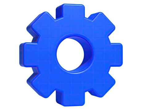 A vibrant 3D blue gear graphic on a transparent background, with grid lines