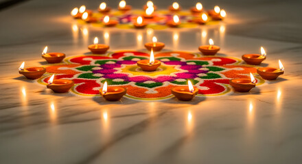 Diwali rangoli with bright floating diyas in festive colors