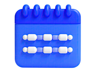 Stylized 3D blue calendar with white shapes, signifying dates and planning