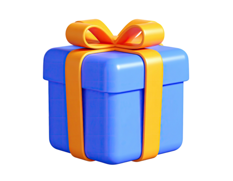 A rendered blue gift box tied with a bright orange ribbon against black background