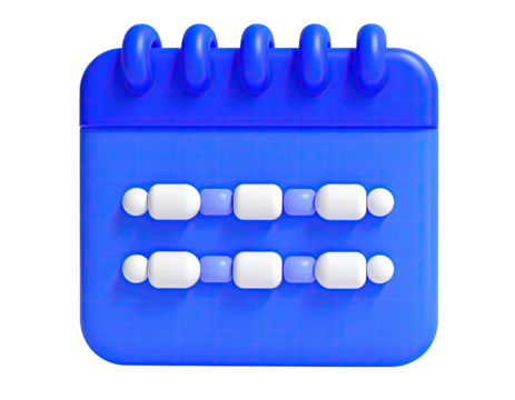 Stylized 3D blue calendar with white shapes, signifying dates and planning